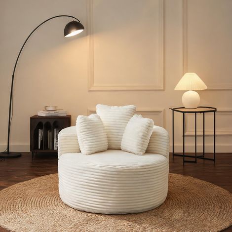 Fauteuil rond en velours côtelé beige avec 3 coussins (1/5)