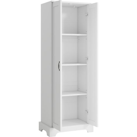 Armoire haute de salle de bain 56x40x170 cm en MDF blanc avec peinture résistante à l'humidité, portes doubles et étagères réglables (1/5)