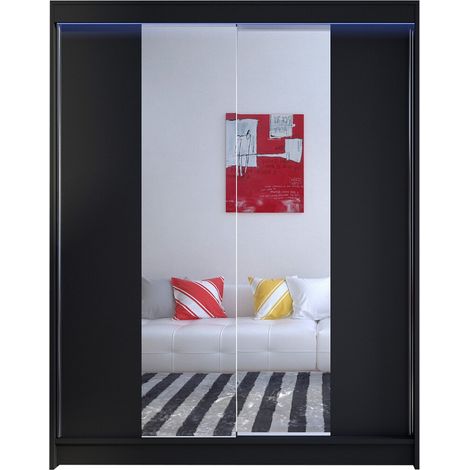 Armoire Closico 141, Noir, 200x150x58cm, Portes d'armoire: Coulissantes, Nombre d'étagères: 5, LED (1/4)