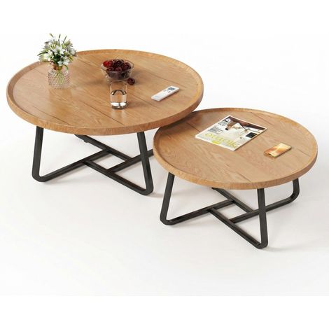 GARVEE - Table gigogne ronde vintage 2 pièces - Table basse industrielle MDF et métal, grand 80cm & petit 60cm - Gain de place pour salon et chambre(Bois) (1/5)