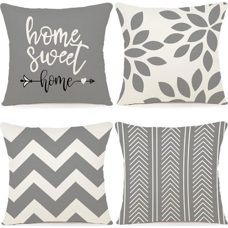 Lot de 4 Housses de coussin Lin, Fermeture invisible, 40x40 cm, Gris, Pour salon chambre jardin (1/5)