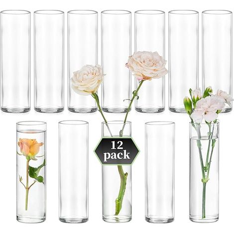 Vase Cylindrique en Verre pour Table: Ensemble de Vases Centre de Mariage, Décoration pour Fête à la Maison - Moderne Transparent Fleurs Rose Tulipe (1/5)