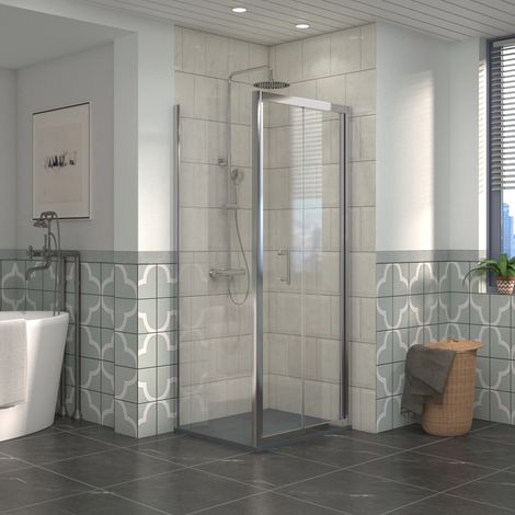 NRG Bathroom Bi- Fold Shower Door Chrome Framed + Side Panel, 800 x 900mm Shower Enclosures with Anthracite SMC Rectangle Shower Tray (1/5)