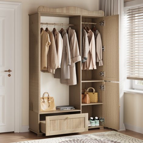 Vestiaire avec miroir, penderie ouverte, 2 portes et 1 tiroir, 115,5 x 38,5 x 194,5 cm, MDF, chêne clair