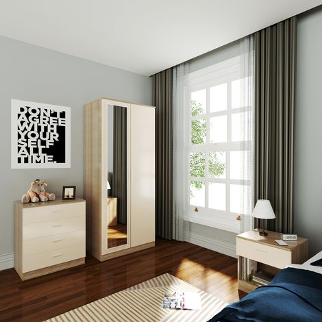 ELEGANT 3 Piece Bedroom Wardrobe with Mirror, 2 Door Soft Hinge Mirrored Wardrobe, 4 Drawer Chest of Drawers, Beside Cabinet, Cream/Oak Bedroom Furniture Sets (1/5)