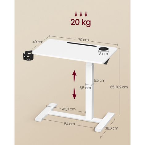 Bureau assis-debout mobile réglable en hauteur 70 x 40 cm avec 2 porte-gobelets et fente tablette en acier blanc (1/2)