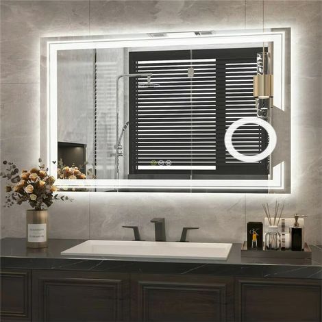 Miroir lumineux, miroir mural, éclairage tricolore, miroir de coiffeuse, intensité réglable en continu, adapté pour la chambre et la douche (70x90 cm)
