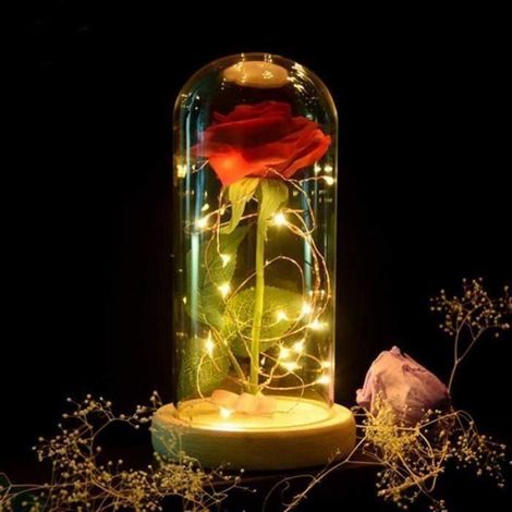 Rose Artificielle - Cloche en Verre et Base en Bois - Guirlande LED Intégrée - 22 x 11,4 cm - 1 Pièce (1/4)