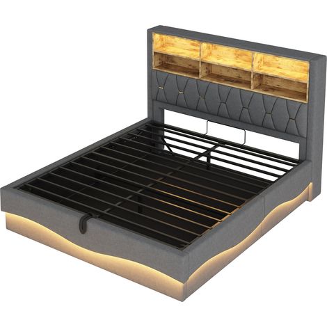 Lit coffre capitonné 180x200 cm avec LED APP, USB, sommier métal, gris (1/5)
