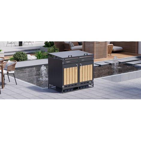 Coffre de rangement extérieur pour poubelles avec couvercle hydraulique, habillage bois effet vertical, ventilation ajourée, armoire de jardin en métal avec serrure (1/5)