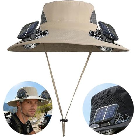 Chapeau ventilé solaire à large bord – 2 ventilateurs avec recharge USB et énergie solaire – Chapeau respirant pour jardinage randonnée pêche et activités extérieures – Kaki (1/5)
