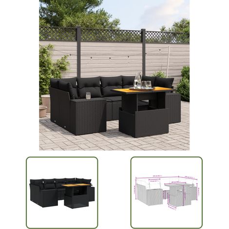 The Living Store 7-tlg. Garten-Sofagarnitur mit Kissen Schwarz Poly Rattan - Gartenmöbel Set - PE-Rattan Möbel - Outdoor Lounge - Gartenlounge - Terrassenmöbel (1/3)