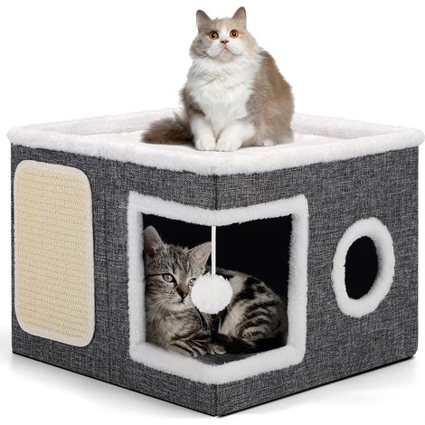 Lits d'intérieur Pliables pour Chat, 43 x 43 x 32 cm, Grande Maison pour Chat avec Niche Confortable, Boule Suspendue, fenêtre Ronde, Cube pour Chat à 2 Niveaux avec Coussins Doux Double Face, Gris (1/5)
