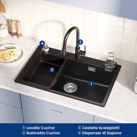 Set lavello da cucina in granito 70×45 cm con rubinetto estraibile a due funzioni, scolapiatti e dispenser di sapone, lavello da appoggio adatto per mobili di oltre 80 cm (1/5)