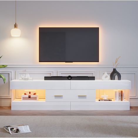 Mueble TV blanco brillante LED con nichos y 2 cajones, almacenaje moderno, 152 x 35 x 40 cm (1/5)