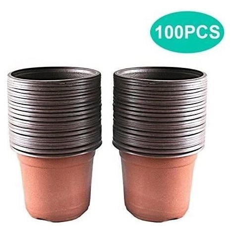 Lot de 100 Pots en Plastique pour semis et Plant, 10 cm - Marron - 8 Trous de Drainage (1/4)