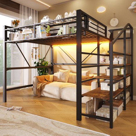 Lit mezzanine 140 x 200 cm en MDF noir avec rangement et LED intégrée (1/5)