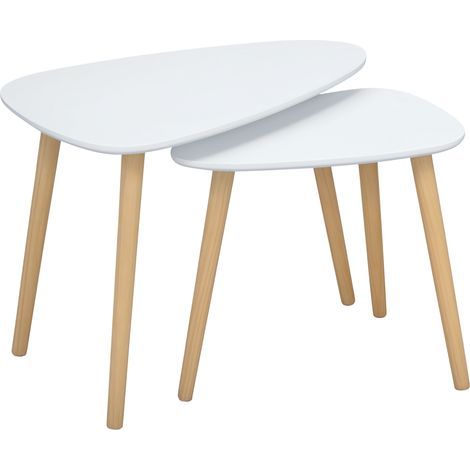 Lot de 2 tables basses gigognes design scandinave pieds en bois et plateau en bois, blanc (1/5)