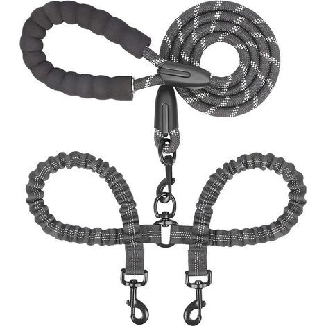 Doppelte Hundeleine, Nylon, 360° drehbar, schwarz