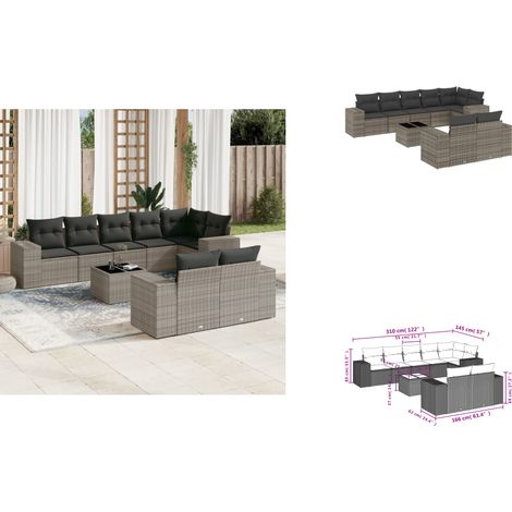 9-tlg. Garten-Sofagarnitur mit Kissen Grau Poly Rattan - Gartenmöbel Set - PE-Rattan Möbel - Outdoor Lounge - Esstisch Set - Balkonmöbel (1/3)