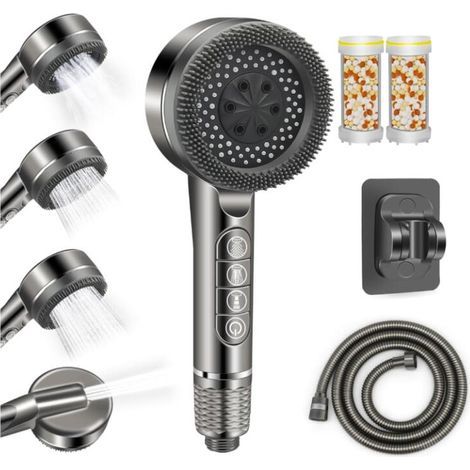 Pommeau de Duche avec Tuyau 1.5M, Pommeau Douche Anti Calcaire, Douchette Douche Salle de Bain avec Filtre, Pommeau de Douche Haute Pression avec 3 Modes de Jet (gris) (1/5)