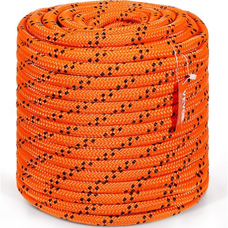 Corde en polyester double tressé, 19 mm x 67.06 m, corde d'escalade en plein air, 24 brins, résistance à la rupture de 88.96 kN, pour randonnée, camping, balançoire, sauvetage, orange et noir (1/5)