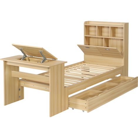 Cama individual infantil 90x200 cm de madera natural con almacenaje y escritorio abatible (1/5)