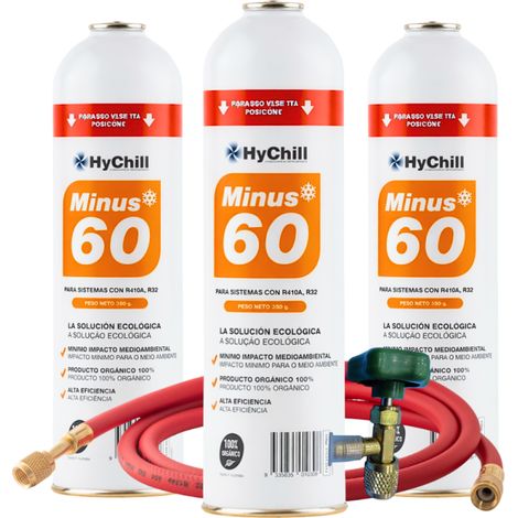 Pack 3 Minus 60 350g  Sustituto Orgánico R410A R32  Kit con Llave y Manguera  Gas Ecológico para Climatización