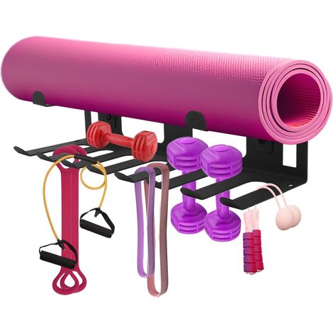 Support de Rangement Multi-Usages pour Équipement de Gym, Organiseur Mural Acier Inoxydable avec Vis Accessoires Gym à Domicile pour Rouleaux en Mousse Bandes Résistance Tapis Yoga (Noir) (1/5)