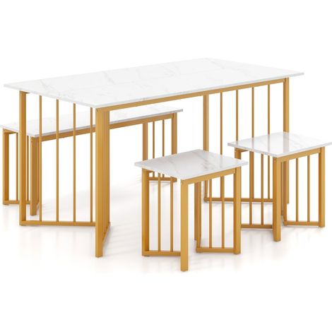 Set da pranzo composto da 4 pezzi: tavolo rettangolare (150 x 80 cm) panca e 2 sgabelli. Stile scandinavo moderno in metallo bianco e nero. 200011738