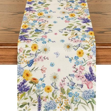 Chemin de table - Chemin de table fleuri - Chemin de table de Pâques - Lin de haute qualité - Décoration de table printanière pour la cuisine, la salle à manger ou les fêtes - 33 x 183 cm - Marguerite (1/4)