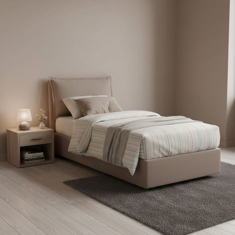 Talamo Italia Cama individual Evelyn, Cama contenedor con revestimiento de tela, 100% Made in Italy, Apertura frontal, con colchón Cm 90x200 incluido, Tórtola, con embalaje reforzado (1/5)
