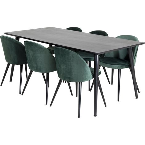 Dipp180x90BLBL Essgruppe Esstisch schwarz und 6 Velvet Esszimmerstühle Velour grün, schwarz.