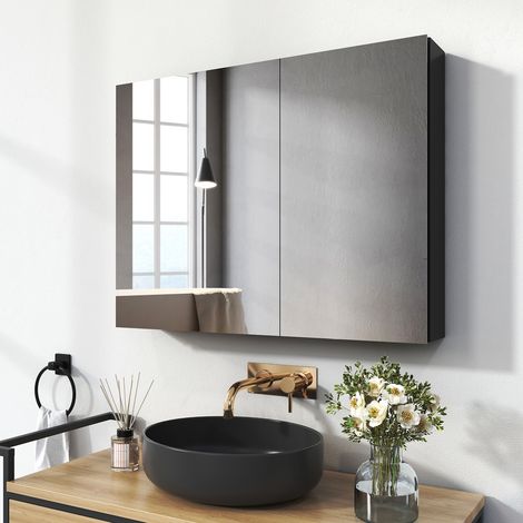 EMKE Spiegelschränke 85x65cm Spiegelschrank Badschrank mit Doppelseitiger Spiegel (Schwarz) (1/5)