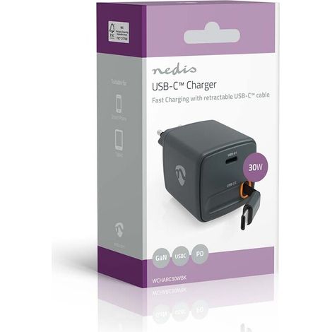 Nedis Netzladegerät / Mit einziehbarem Kabel / GaN / PD3.0 30W / 1.5 / 2.0 / 2.5 / 3.0 A / Anzahl der Ausgänge: 1 / USB-C™ / Aufrollbares USB-C™-Kabel / 0.75 m / Automatische Spannungswahl / Schwarz