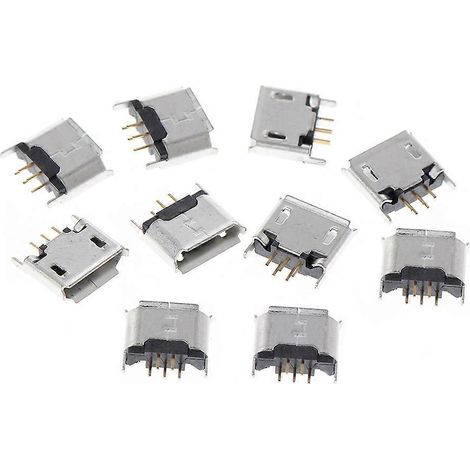 Lot de 10 connecteurs femelles micro USB type B à 5 broches, coudés à 180°, pour soudure CMS (SMT). (1/5)