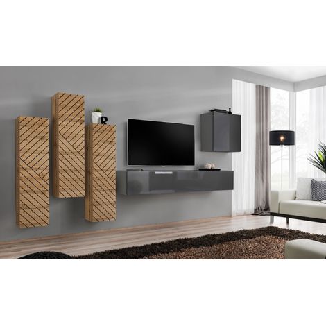 Ensemble de 5 meubles muraux "Switch III " pour TV en bois - Beige et Gris - L 330 x H 160 x P 40 cm - Livraison gratuite