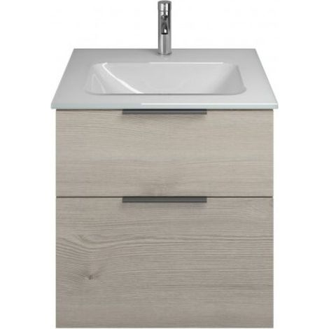 Burgbad Eqio Glas-Waschtisch mit Unterschrank, 2 Auszüge und Griffleiste Eiche Dekor Flanelle/Alpinweiss 62 cm Schwarz matt (1/2)