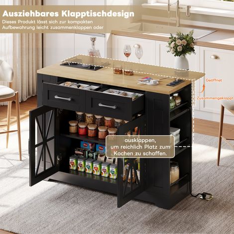 Îlot de cuisine mobile 120 cm, table repliable avec étagère, prise secteur, port USB, porte en verre, stratifié ajustable, roulettes à frein, pour cuisine, salle à manger, salon.