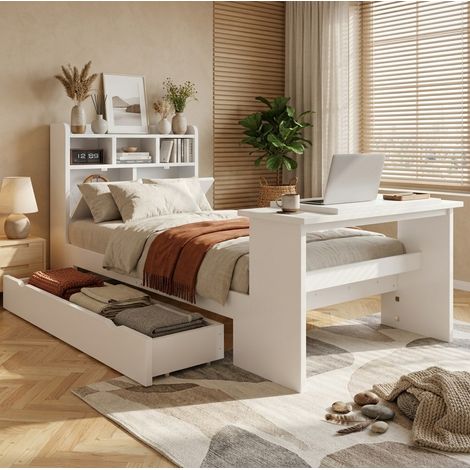 Lit 90x200 cm lit enfant avec rangement, étagère de tête et table rabattable réglable, sommier à lattes bois blanc (1/5)