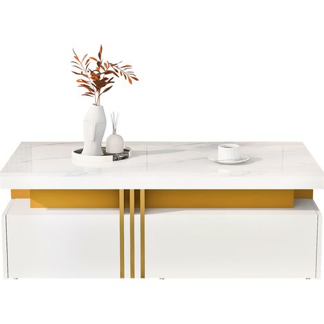 Table basse rectangulaire moderne 100x50x40 cm avec plateau brillant, 2 tiroirs bois, effet marbre (1/5)