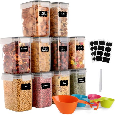MINKUROW 1,6 l Vorratsdosen 10 Sets, Küche luftdichte Aufbewahrungsboxen aus Kunststoff mit Deckel, Vorratsdosen zur Aufbewahrung von Nudeln, Müsli, Reis, Mehl und Tiernahrung (schwarz) (1/5)
