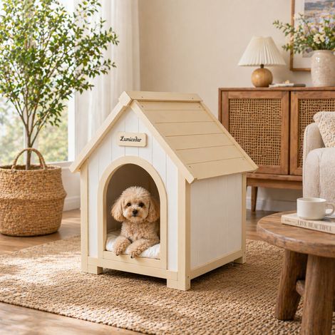 Cuccia per animali da interno, design A frame, con cuscino rimovibile lavabile, legno, bianco crema (1/5)
