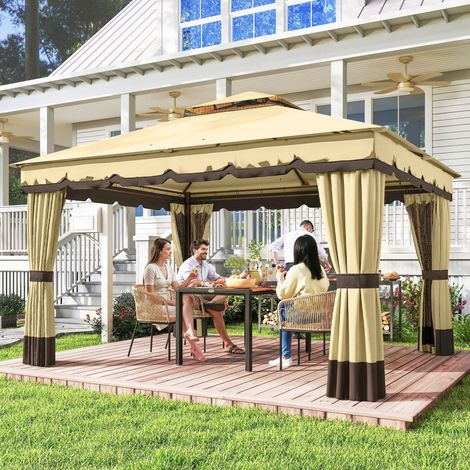 Cenador de Jardín 3,7x3 m con Doble Techo 4 Cortinas y Mosquitera Marco de Acero Orificios de Drenaje  UV30+ Beige (1/5)