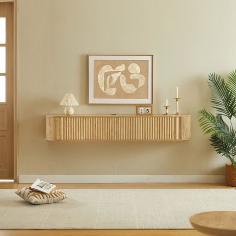 Meuble TV mural suspendu 180 cm pour écran 50 à 80 pouces grand rangement portes à fermeture douce passe câbles coins arrondis MDF (1/5)