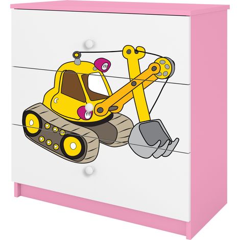 Babydreams Commode enfant 81 cm avec 3 tiroirs motif pelleteuse rose