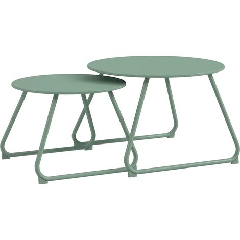 Set aus 2 stapelbaren, ineinander schiebbaren runden Garten-Couchtischen aus Epoxidharz-Metall, stabiler Beistelltisch für den Außenbereich, grün