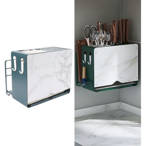 Étagère de rangement multifonctionnelle pour couteaux, baguettes et couverts support pour planche à découper cage à baguettes support mural pour couteaux et planches + étagère verte + assiette blan (1/5)