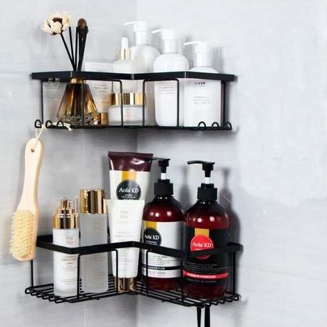 Étagère de Douche sans Percage, Etagere Salle Angle de Bain, Rangement Douche pour Nettoyant pour Corps de Shampoing, Noir (2 pièces Etagère Douche Angle) (1/4)
