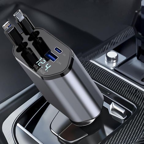 Retractable Chargeur Voiture, Chargeur de voiture 4 en 1 à charge ultra rapide Max 100 W, câble rétractable Adaptateur de Chargeur de Voiture pour iPhone 16 15 14 13 Pro Max, iPad, Galaxy S23 (1/5)